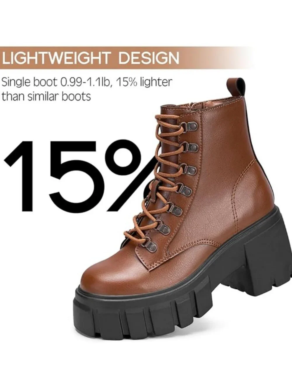 Women’s Brown Lightweight Lace Up Side Zipper High Heel Chunky Combat Boots - Picture 5 of 6